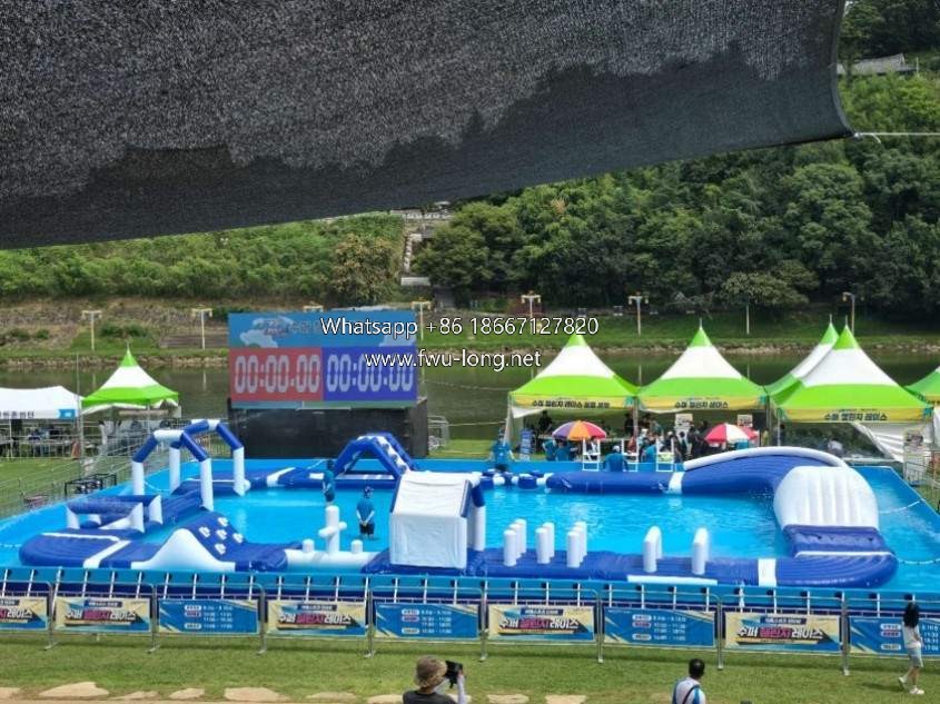 Complete assembled water park running scene on resort lake water.jpg